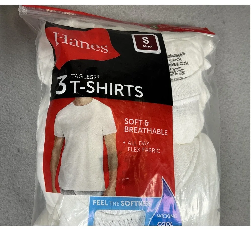 Hanes Men's ComfortSoft Tagless 3-Pack White T-Shirts Size Small 100% Cotton